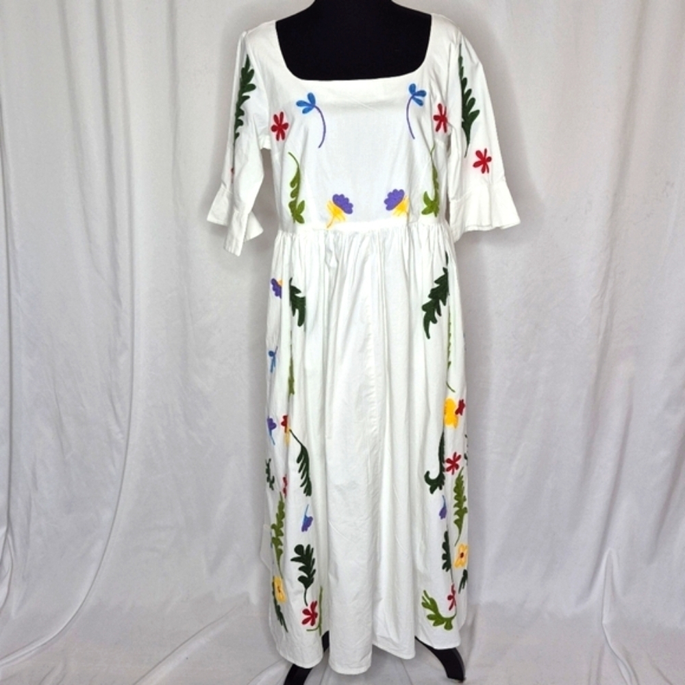 eShakti Floral Embroidered Cotton Poplin Dress - Size L - Picture 6 of 16